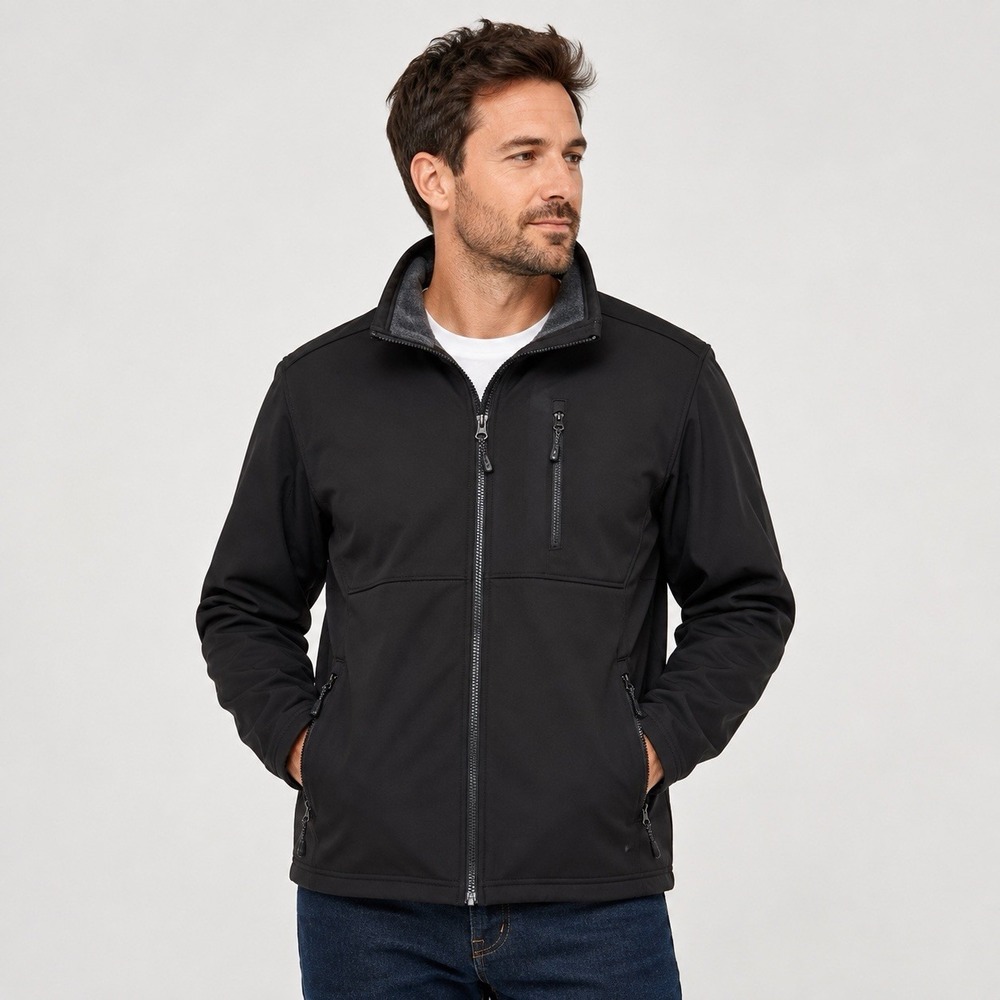 Swiss Tech Mens Large Black Softshell Jacket Fleece Lined Full Zip Pockets